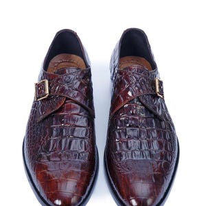Handgefertigte schwarze Alligator Krokodilleder Single Monk Strap Luxus Slip-On Dress Schuhe für Männer Burgundy Brown