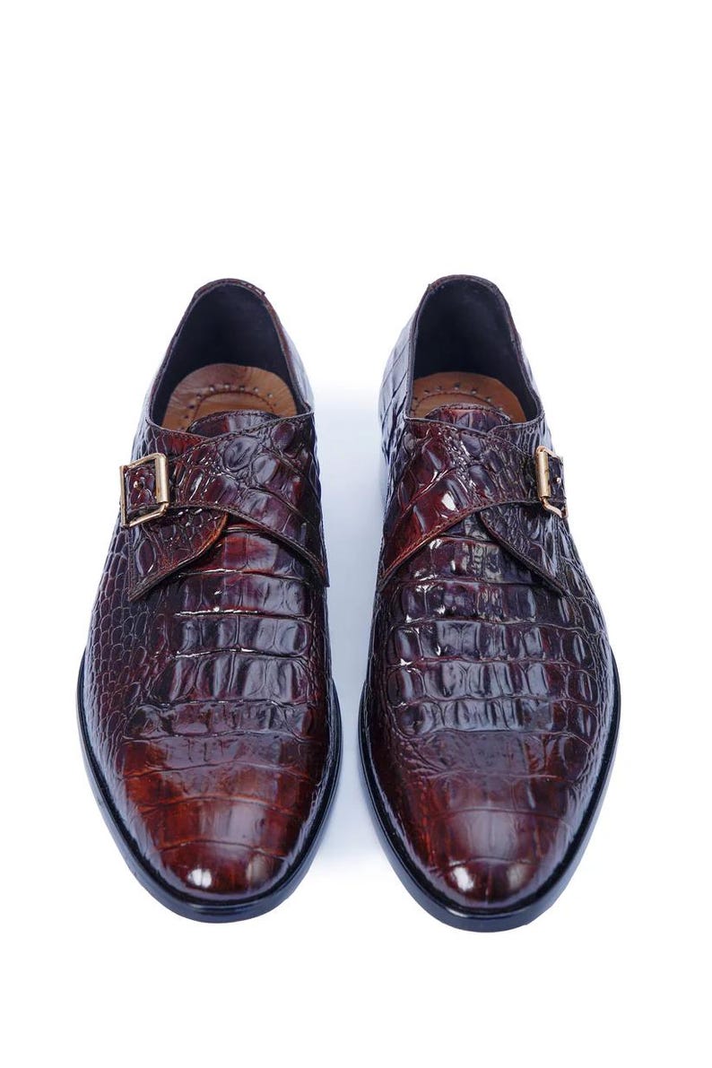 Handgefertigte schwarze Alligator Krokodilleder Single Monk Strap Luxus Slip-On Dress Schuhe für Männer Burgundy Brown