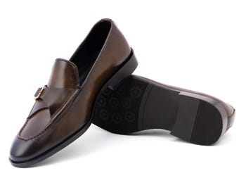 Handgjorda bruna läderloafers för män | Klassiska slip-on-skor med spänne