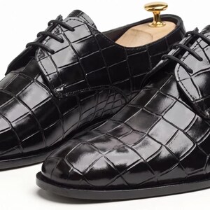 Handmade Black Leather Oxford Shoes, Crocodile Embossed, Italian Style Dress Footwear image 5