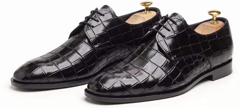 Handmade Black Leather Oxford Shoes, Crocodile Embossed, Italian Style Dress Footwear image 5