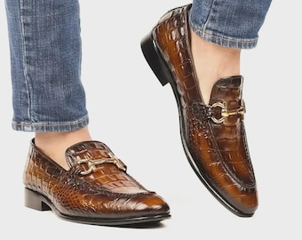 Handcrafted Croc Embossed Leather Loafers, brown formal slip-on dress shoes,