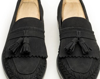 Handmade Black Suede Tassel Loafers | Men's Slip-On Shoes
