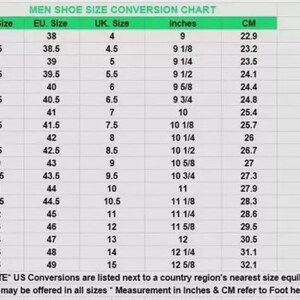 May include: A shoe size conversion chart for men, with US, EU, and UK sizes listed. Inches and centimeters are also provided for foot heel-to-toe measurements. The chart includes sizes from US 5 (22.9 cm) to US 16 (32.1 cm).