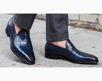 Mocassins en cuir bleu marine à motif crocodile, faits main pour hommes – Chaussures habillées formelles à enfiler,