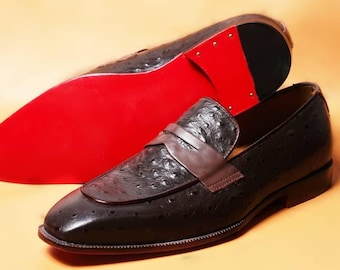 Mocassini in pelle di struzzo marrone fatti a mano - Premium Textured! Scarpe eleganti slip-on da uomo, classiche