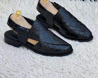 Handmade Men's Crocodile Leather Peshawari Sandals | Slingback Shoes