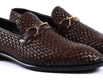 Handmade Brown Woven Leather Loafers: Men's Italian Dress Shoes