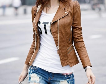 Chaqueta de cuero para mujer, chaqueta de motociclista de cuero genuino, estilo motero vintage, hecha a mano