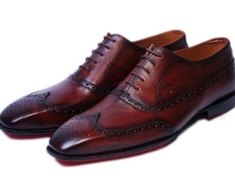 Handmade Genuine Leather Brown Color Oxford Brogue Wingtip Lace Up Shoes For Wedding & Party