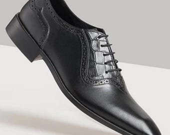 Men’s Handmade Black leather Oxford brogue shoe| Croc Embossed Wingtip Dress Shoes