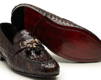 Handmade Woven Leather Loafers for Men – Brown Horsebit Tassel Slip-On Shoes