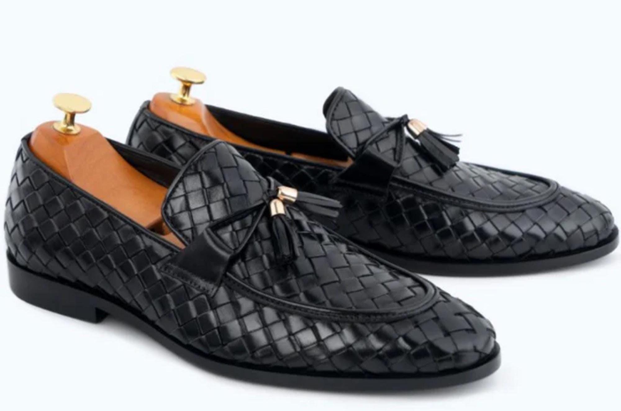 BRASSBOOT Woven Leather Tassel Dress Loafers Black Slip-On Men\'s 9 Spain 00144 Brass Boot Mens Tasseled Loafers size 9M | Mercari main image 2