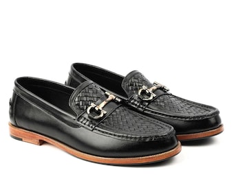 Handgjorda svarta vävda läderloafers, Horsebit slip-on herrskor, lyxiga mockasiner, formella bröllopsskor