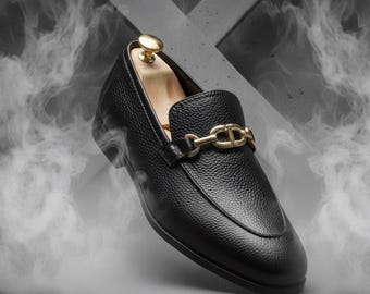 Handcrafted Black Leather Loafers for Men • Textured Slip-On Dress Shoes • Gold Horsebit Loafers