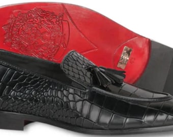 Handmade Black Crocodile Leather Loafers:| Luxury Tassel Slip-On Shoes for Men