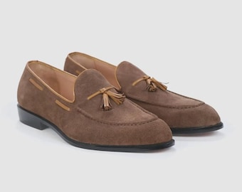 Handemade Men's Brown Suede Tassel Loafers, Leather Trim Slip-On Dress Shoes