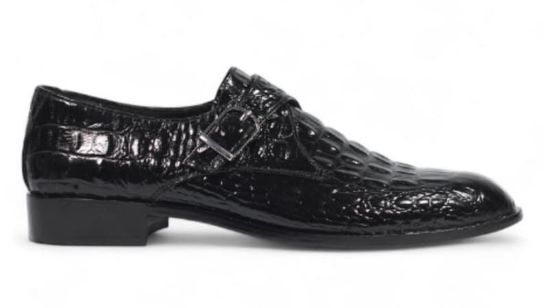 Golden Pass Crocodile Print Black Monk Buckle Leather Sole Men's Shoes