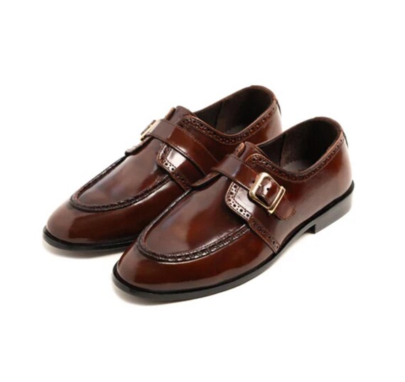 Handmade Brown Leather Double Monk Strap Dress Shoes for Men