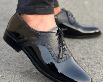 Handmade Black Patent Leather & Textured Oxford Dress Shoes for Men | Formal Lace-Up Shoes |