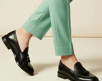 Handmade Black Leather Tassel Loafers for Men | Classic Slip-On Dress Shoes
