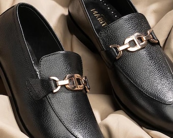 Handmade Black Leather Loafers- Gold Buckle Slip-On Dress Shoes