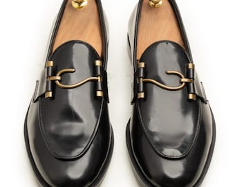 Handmade Black Leather Horsebit Loafers – Handmade Classic Slip-On Dress Shoes for Men