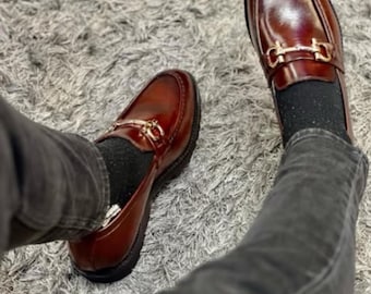 Handmade Brown Leather Loafers: Gold Horsebit Slip-On Dress Shoes