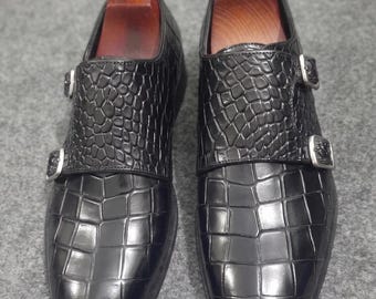 Handmade Black Crocodile Embossed Double Monk Strap Leather Dress Shoes for Men
