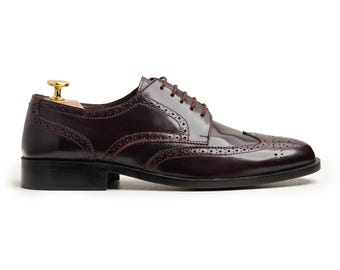 Handmade Leather Wingtip Texture Oxford Brown Shoes –Brogue Dress Men's Shoes, Classic Lace-Up