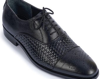 Handmade Black Leather Oxford Shoes: Woven Cap Toe Dress Shoes