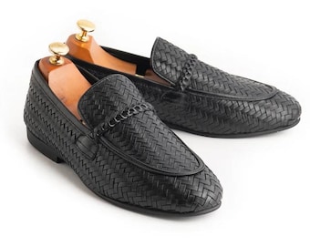 Men's Black Woven Leather Loafers – Handmade Braided Slip-On Dress Shoes