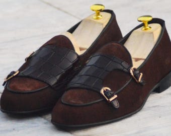 Handmade Brown Suede Loafers for Men | Double Monk Loafer with Croc-Style Strap