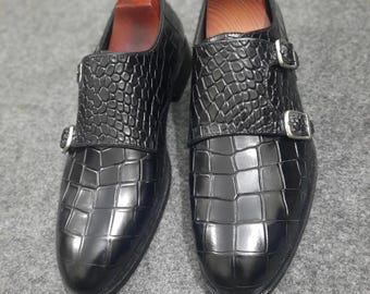 Handgefertigte schwarze Krokodilprägung Doppel Monk Strap Lederkleid Schuhe für Männer