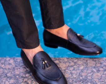 Bespoke Pure Handmade Black Color Genuine Leather Tassel- Slip On Loafers For Men