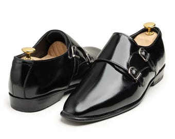 Handmade Black Patent Leather Double Monk Strap Dress Shoes | Formal Shiny Loafers for Men