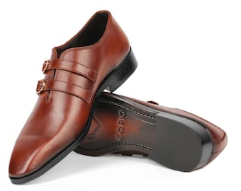 Handmade Brown Leather Monk Strap Shoes | Double Buckle Formal Dress Shoes for Men