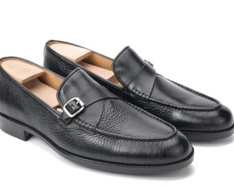 Handmade Black Leather Monk Strap Loafers | Classic Men's Formal Dress Shoes