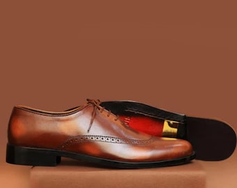 Handgefertigter hellbrauner Leder Oxford Brogue Schuh für Herren | Klassische Flügelspitze Trachtenschuhe