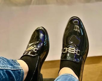 Handmade Black Patent Leather Loafers for Men | Shiny Slip-On Dress Shoes with Metal Buckle