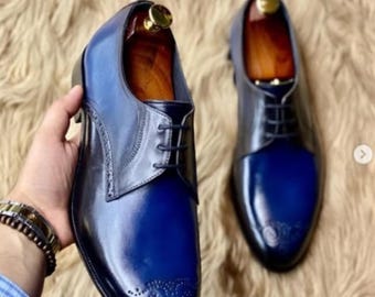Handmade Navy Blue Leather Oxford Lace-up Shoes!Cap Toe Dress  for Men