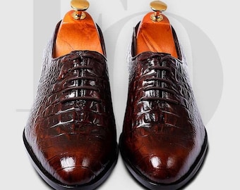 Handmade Dark Brown Alligator Leather Oxford Dress Shoes – Men’s Exotic Formal