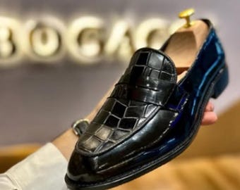 Handmade Crocodile Texture Leather Formal Dress Shoes! Black Patina