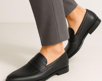 Handmade Moccasin Black Leather Penny loafers! Mens Formal ,Slip-On Shoes