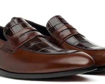 Handmade Brown Crocodile Pattern Leather Loafers | Luxury Slip-On Dress Shoes for Men