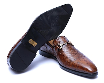 Handmade Brown Ostrich Leather Loafers: Men's Luxury Slip-On Shoes