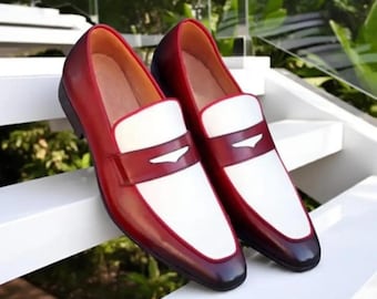 Handgemaakte tweekleurige (rood-wit) en (zwart-wit) loafers voor heren |  Instappers | Formele geklede schoenen