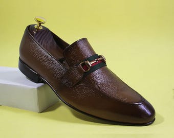 Handmade Bespoke Brown Leather Slip On Moccasin Loafers Slipper Formal Dress Men's Shoes