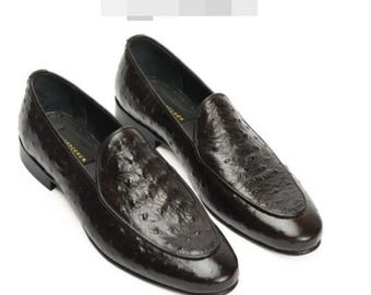 Handmade Men’s Black Ostrich Embossed Leather Loafers – Luxury Slip-On Dress Shoes,