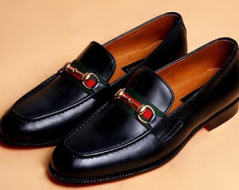 Handmade Black Leather Loafers –Men!s Classic Slip-On Dress Shoes with Metal Buckle,